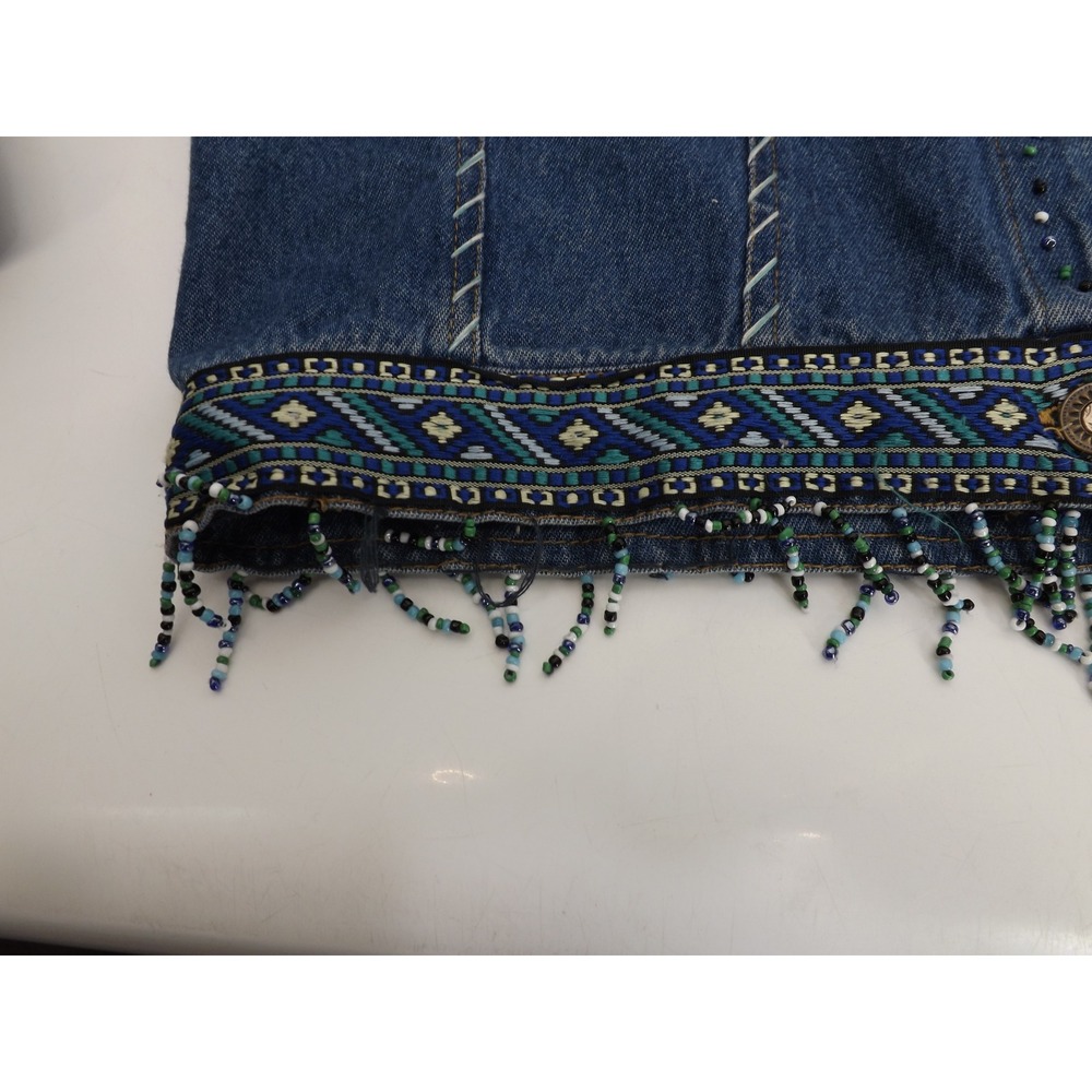 Womens Embellished Denim Jean Jacket Blue Beaded Western Trucker Style L Large - Picture 12 of 16